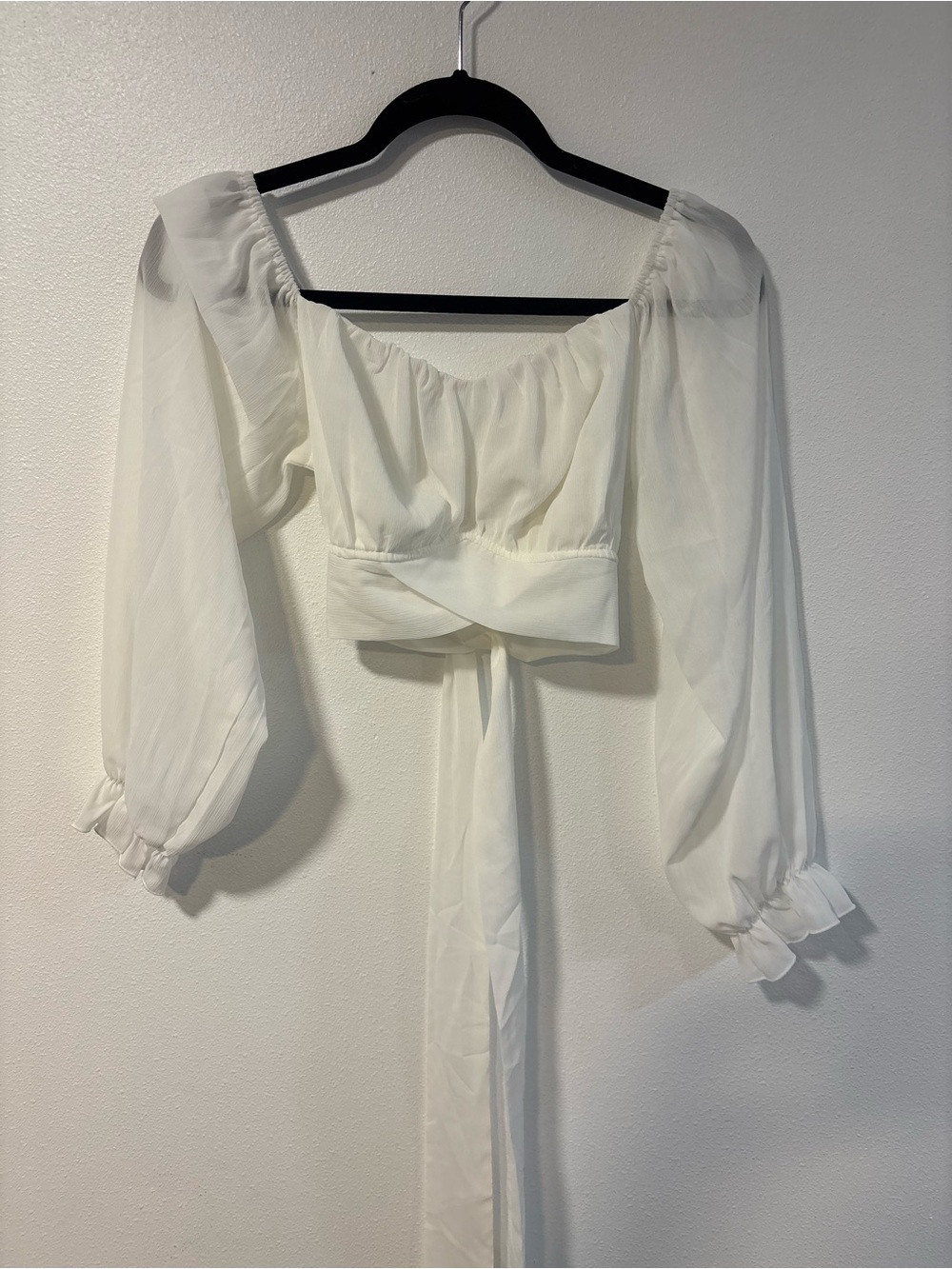 White Long-Sleeve Puff Crop Top with Tie Back